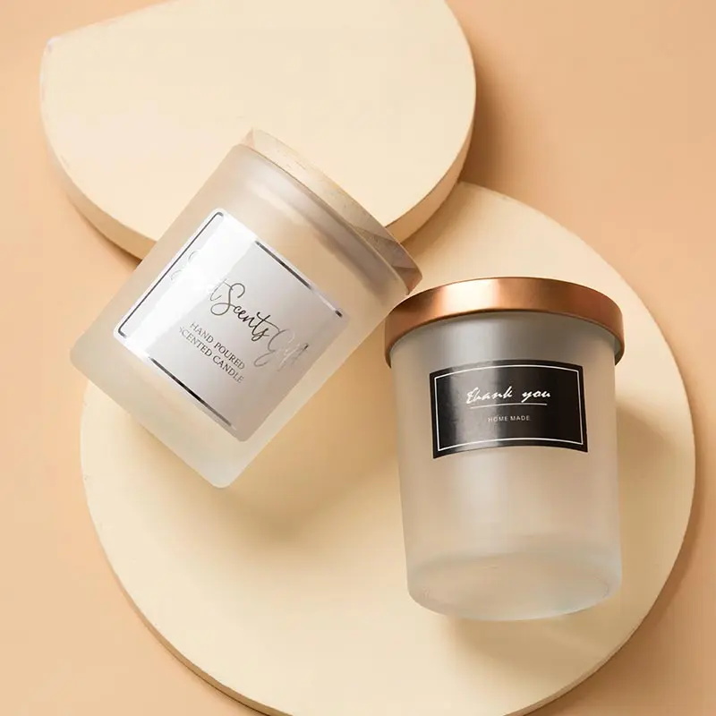 Customized Label Frosted Empty Glass Candle Jar with Wooden Metal Lid